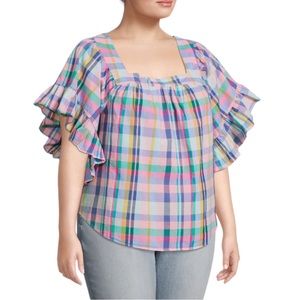 Terra & Sky Women's Multi Plaid Plus Size Square Neck Peasant Top, Sz 1X